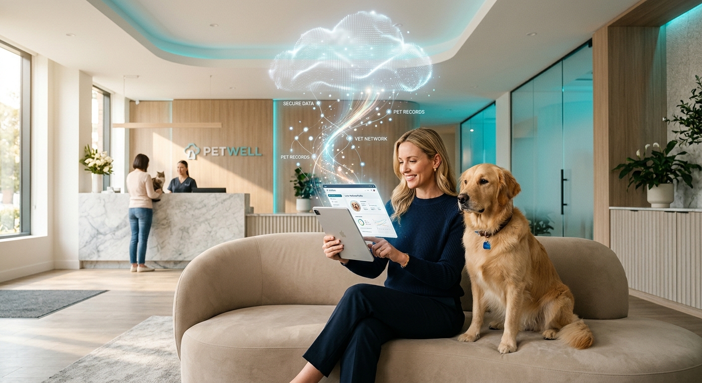 A high-end editorial photograph of a pet owner seamlessly interacting with a sleek, minimalist tablet device inside a bright, modern contemporary pet clinic lounge, with a healthy golden retriever sitting calmly beside them. Subtle glowing abstract light streams and floating network nodes seamlessly connect the tablet to a soft, ethereal cloud visualization overhead, representing flawless digital integration and secure data flow. The scene is bathed in warm ambient sunlight mixed with cool cyan accent light, featuring clean architectural design, shallow depth of field, high detail, and a sophisticated, modern tech-editorial aesthetic.