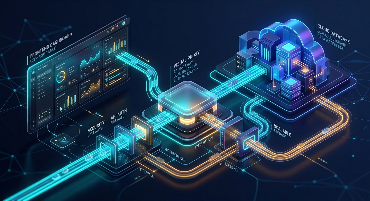 A modern, high-end editorial tech illustration depicting abstract web architecture and cloud API integration. In the center, a sleek translucent visual proxy node acts as an illuminated bridge, connecting a vibrant glowing modern frontend dashboard interface on one side to a powerful, geometric cloud database structure on the other. Streams of neon cyan and warm amber light represent data traffic flowing smoothly through security gateways and intercepted pathways. The aesthetic is clean, isometric 3D render with dark mode colors, deep blues, glassmorphism, glowing fiber-optic data channels, and soft depth of field, conveying seamless technical connectivity and modern software engineering.